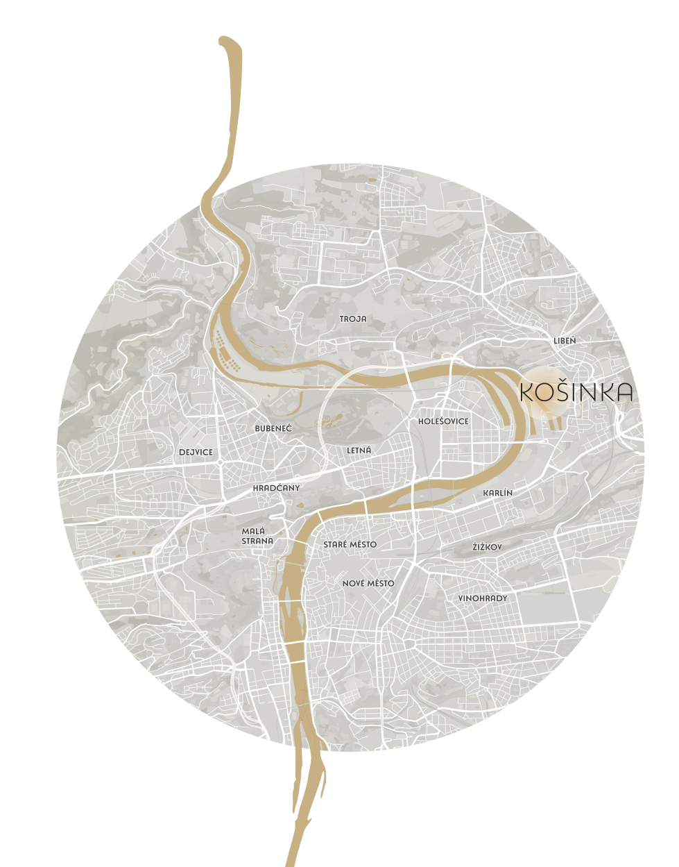 Stylizovaná mapa Prahy s vyznačenou polohou projektu Košinka.